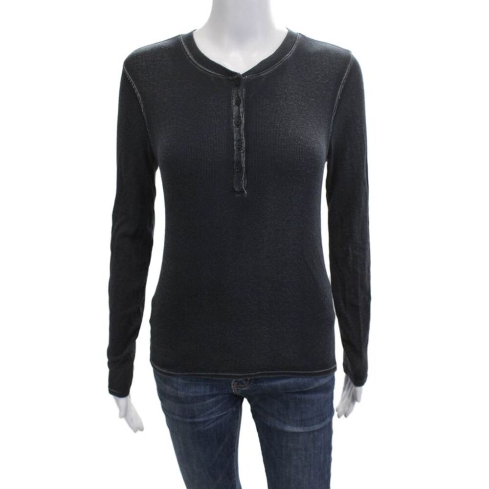 Patrick Assaraf Womens Basic Button-Up Long Sleeve Round Neck Dark Gray Size M